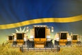 Some yellow farming combine harvesters on rye field with Nauru flag background - front view, stop starving concept - industrial 3D