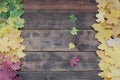 Some of the yellowing fallen autumn leaves of different colors on the background surface of natural wooden boards of dark brown Royalty Free Stock Photo