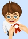 Somebody pins award ribbon to chest of schoolboy won school competitions