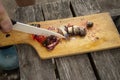 Someone with a ceramic knife cuts small river fish into small pieces for a cat or chickens on an old wooden cutting board. It`s o