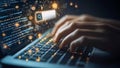 Googling Typing Words on a High Tech Holographic Computer Laptop Notebook Keyboard to Look Up, Google, Research, Search Engine Bar