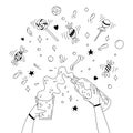 Someone is pouring some liquid from bottle to a glass. Black and white illustration for coloring book. Vector outline illustration Royalty Free Stock Photo