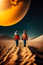 someone walking on the surface of the desert with moon in the far distance.