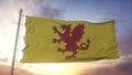 Somerset flag, England, waving in the wind, sky and sun background. 3d rendering