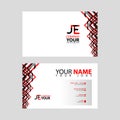 The JE logo on the red black business card with a modern design is horizontal and clean. and transparent decoration on the edges.