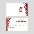 The JF logo on the red black business card with a modern design is horizontal and clean. and transparent decoration on the edges.