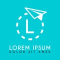 white paper plane logo with the letter L in the middle and the dashed plane path Royalty Free Stock Photo