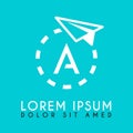 white paper plane logo with the letter A in the middle and the dashed plane path Royalty Free Stock Photo