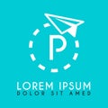white paper plane logo with the letter P in the middle and the dashed plane path Royalty Free Stock Photo