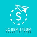 white paper plane logo with the letter S in the middle and the dashed plane path Royalty Free Stock Photo
