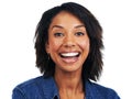 Somethings made her extremely happy. Portrait of a delighted young woman isolated on a white background. Royalty Free Stock Photo