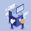 sometric illustration of two men interacting with a large, cube-shaped digital device, Royalty Free Stock Photo