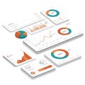 sometric illustration of various digital dashboard interfaces displaying data