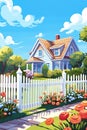 Somewhere Sweet Home: A House Picket Fences, Flowers, and a Mapl Royalty Free Stock Photo