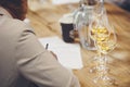 Sommelier degustate wine. Blind wine tasting. Training of restaurant staff, studying alcohol list. Royalty Free Stock Photo