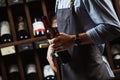 Sommelier holding wine bottle in cellar on background of shelves Royalty Free Stock Photo