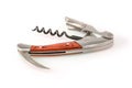 Sommelier knife with corkscrew and bottle opener unfolded, professionsl waiter knife, close up macro. Royalty Free Stock Photo