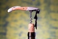 Sommelier knife pulls out a cork from the bottle of wine. Blurred background.  space for text Royalty Free Stock Photo