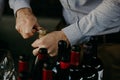 Sommelier opening wine bottle in the wine cellar