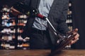 Sommelier pouring red wine into carafe decanter to make aeration drink Royalty Free Stock Photo