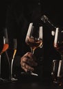 Sommelier pouring rose wine into glass at wine tasting in winery, bar or restaurant. Black toned image Royalty Free Stock Photo