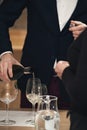 Sommelier pouring wine into glass at wine tasting Royalty Free Stock Photo