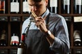 Sommelier smelling flavor of cork from red wine Royalty Free Stock Photo