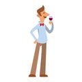 Sommelier in suite looking at red wine in glass vector illustration.