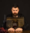 Sommelier tastes drink. Degustator with strict face holds wine glass Royalty Free Stock Photo