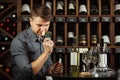 Sommelier in wine cellar degustating beverage white wine Royalty Free Stock Photo