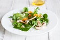 Sommer salad with rocket salad, mandarin, mushrooms and cheese gorgonzola in a white ceramic bowl Royalty Free Stock Photo
