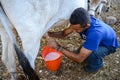 A farmer milking a cow in a farm Royalty Free Stock Photo