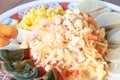 Somtam. Thai food papaya salad and eggs corn.