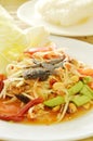 Somtum Thai spicy green papaya and black pickled crab salad with sticky rice Royalty Free Stock Photo