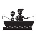 Son and dad fishing black vector concept icon. Son and dad fishing flat illustration, sign Royalty Free Stock Photo
