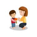 Son give Young mother Flower . Happy Mothers Day concept with mom and Son . Vector illustration Royalty Free Stock Photo