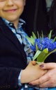 The son gives his mother a fresh bouquet of blue muscari flowers on a bench in the park. Royalty Free Stock Photo