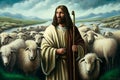 Son of God, the Lord is my shepherd, Jesus Christ with a flock of sheep, symbol of Christianity hand drawn art illustration Royalty Free Stock Photo