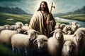 Son of God, the Lord is my shepherd, Jesus Christ with a flock of sheep, symbol of Christianity hand drawn art illustration Royalty Free Stock Photo