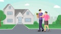 Son helping mother flat vector illustration. Smiling old lady and friendly volunteer walking together cartoon characters