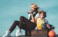 Son and her mother drinks green smoothie. Healthy and active lifestyle at any age concept. Mother and son sporting Royalty Free Stock Photo