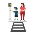 Son and the mother use a cross walk to cross the street illustration