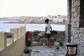 Son and mother walking on street of ?ncient city of Sozopol in Bulgaria Royalty Free Stock Photo