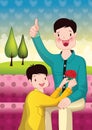 son placing a rose on father shirt. Vector illustration decorative design