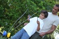 Son playing with diabolo Royalty Free Stock Photo