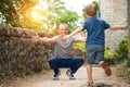 Son runs to his father hugs