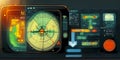 Sonar Screen for Submarines And Ships. Radar Sonar with Object on Map. Futuristic HUD Navigation Monitor