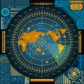 Sonar screen with world map, targets and detailed futuristic HUD panels Royalty Free Stock Photo