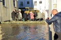 A street has been blocked with sandbags due to a storm surge. Royalty Free Stock Photo