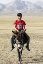 Song Kul, Kyrgyzstan, August 8 2018: A boy in a red T-shirt rides a donkey through the steppe at Song Kul Lake in Kyrgyzstan